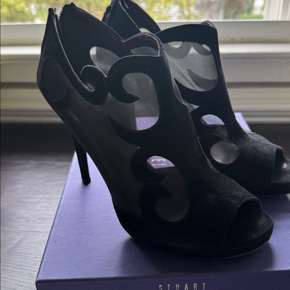 Stuart Weitzman Black Cutout Peep Toe Heels
